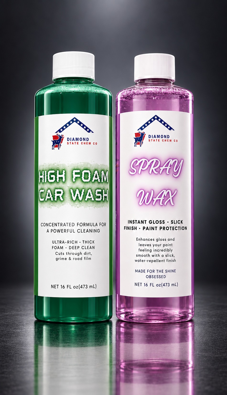 High Foam Car Wash and Spray Wax bottles on a workbench with a sleek navy coupe behind