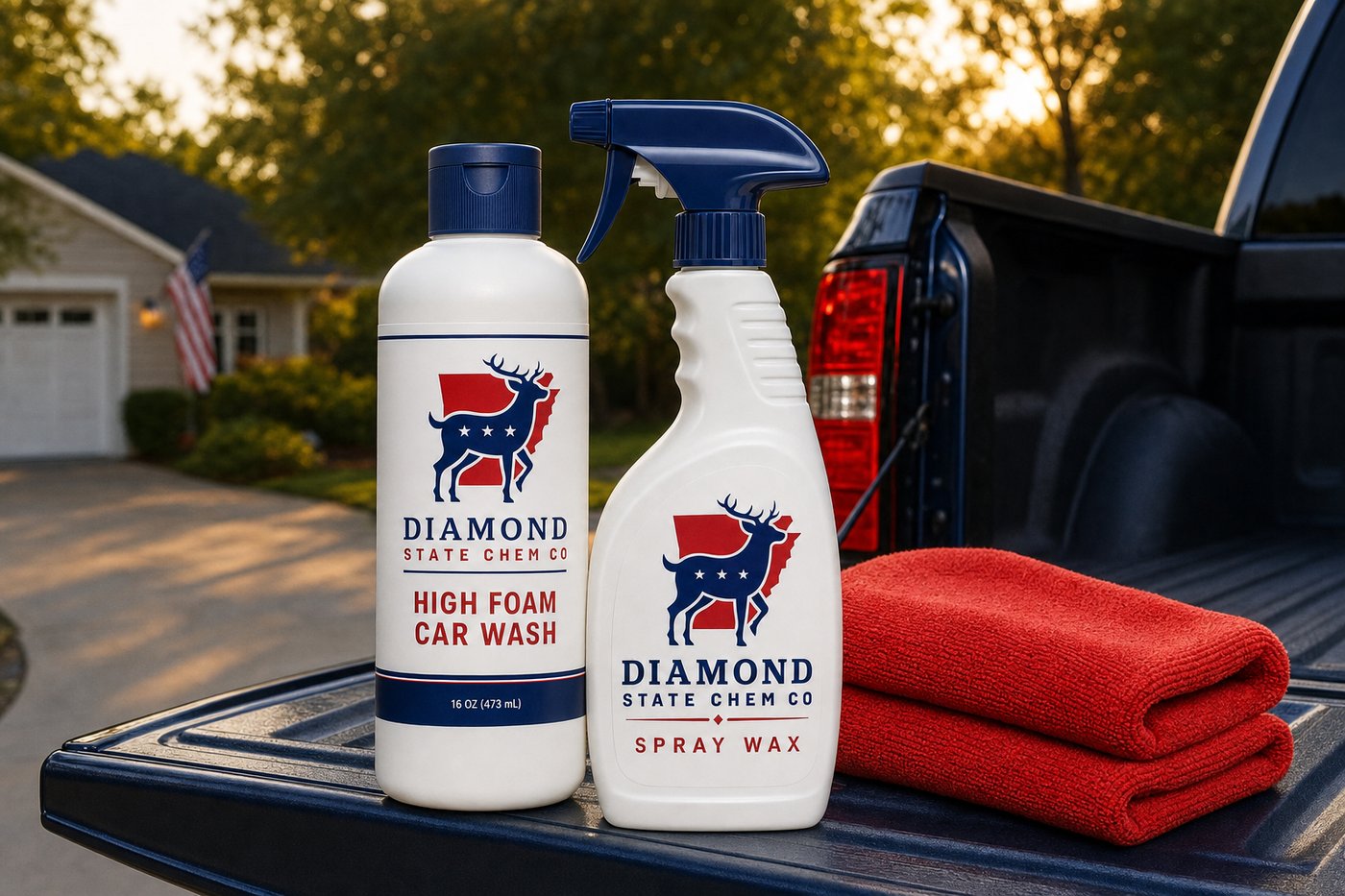 High Foam Car Wash and Spray Wax bottles on a truck tailgate