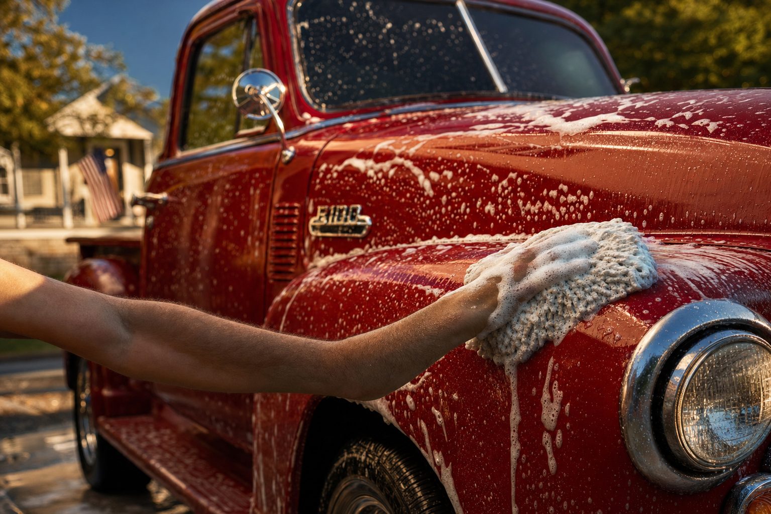 Red pickup truck covered in thick white foam being hand-washed